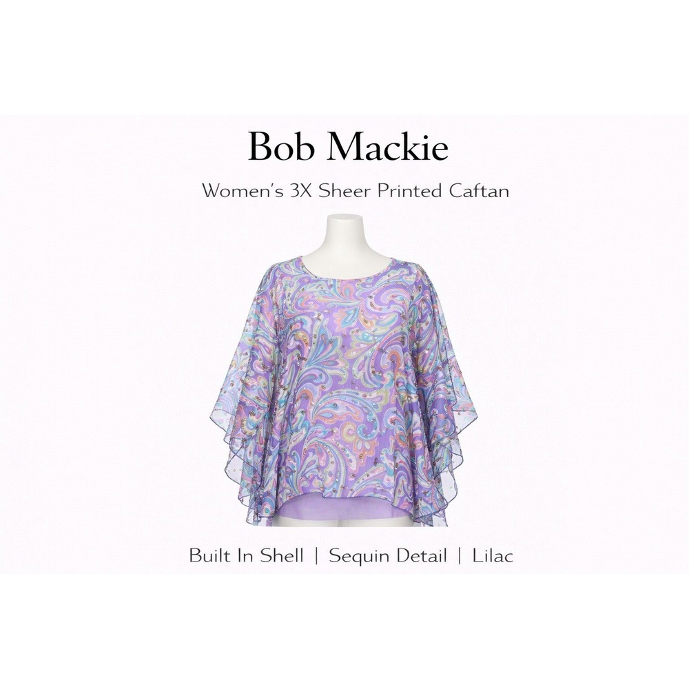 Bob‎ Mackie Womens 3X Sheer Printed Caftan Built in Shell Sequin Lilac A233344
